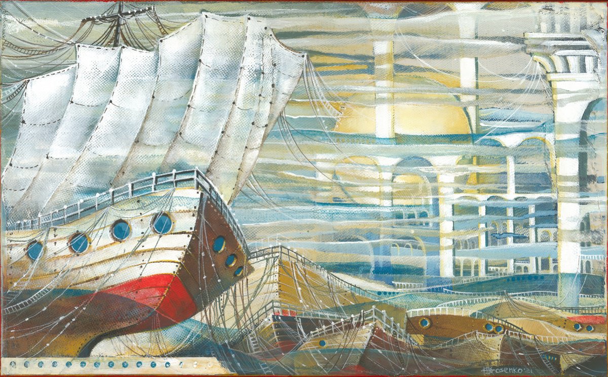 Surrealistic Cityscapes Painting By Olena Kosenko, 22 X 13", Reflections - 2, Original Artwork