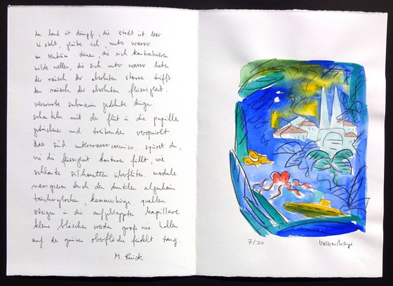 Monika Rinck: City under water, Variant 7 - handwritten poem and original gouache