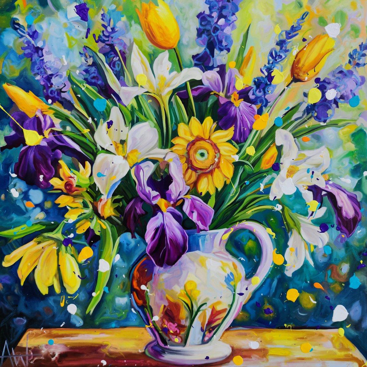 Impressionistic Botanical Oil Painting By Angie Wright, 39 X 39, Tulips And Sunshine, Original Artwork