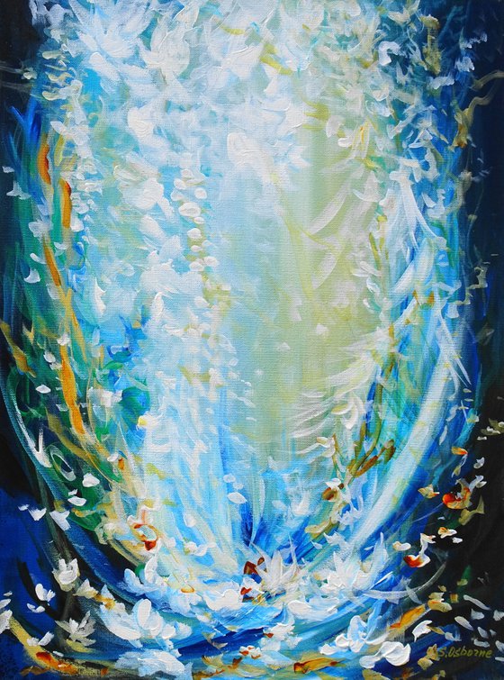 Abstract Forest Pond Lake Painting. Floral Garden. Blue White Flowers. Original Painting on Canvas 46x61cm Modern Impressionism  Art