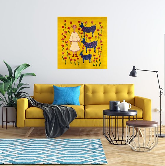 Woman Goats Original Painting