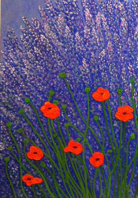 Spring Treasures - wild flower field, lavender and  poppies painting; home, office decor; gift idea