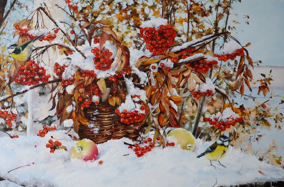 Snowy Rowan Basket and Winter Birds