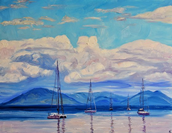 Clouds, Sea and Ships Large Oil Painting on Canvas, Greece Seascape