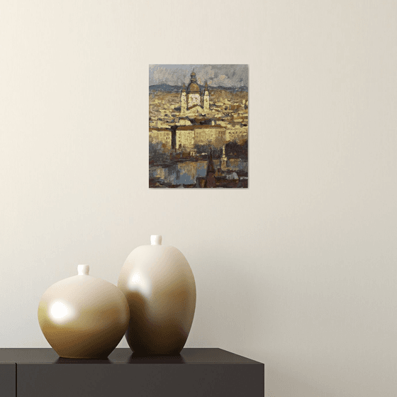 Original Oil Painting Wall Art Signed unframed Hand Made Jixiang Dong Canvas 25cm × 20cm Cityscape Golden Budapest Small Impressionism Impasto