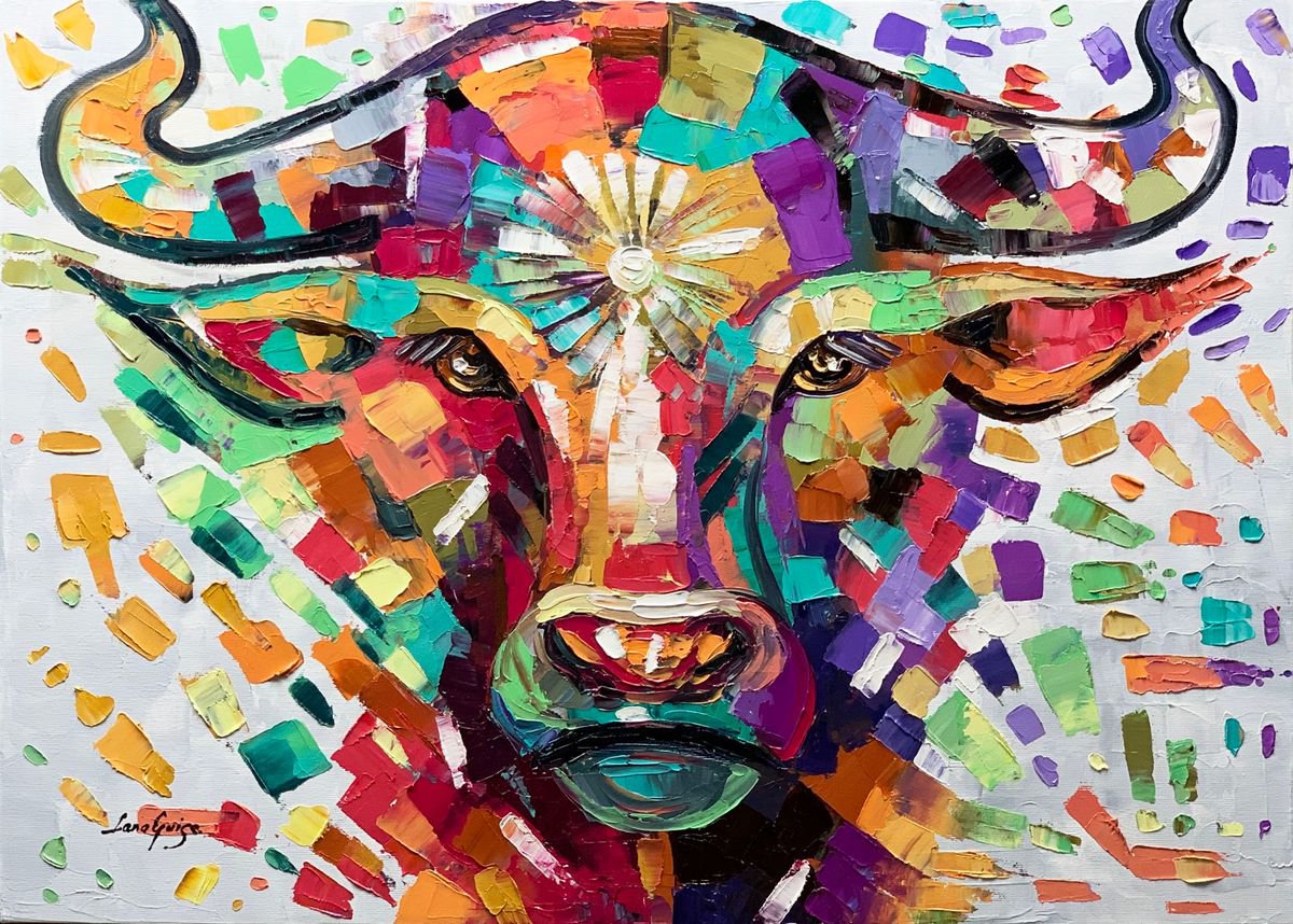 Bull Oil Painting, Animal Art Original Modern Textured Palette Knife by Lana Guise