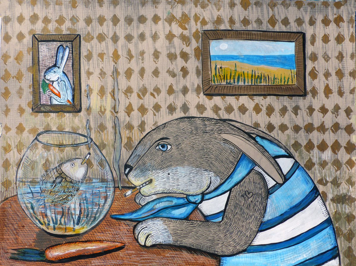 Naive Animal Painting By Elizabeth Vlasova, 24 X 18, Smoking Goldfish, Original Artwork