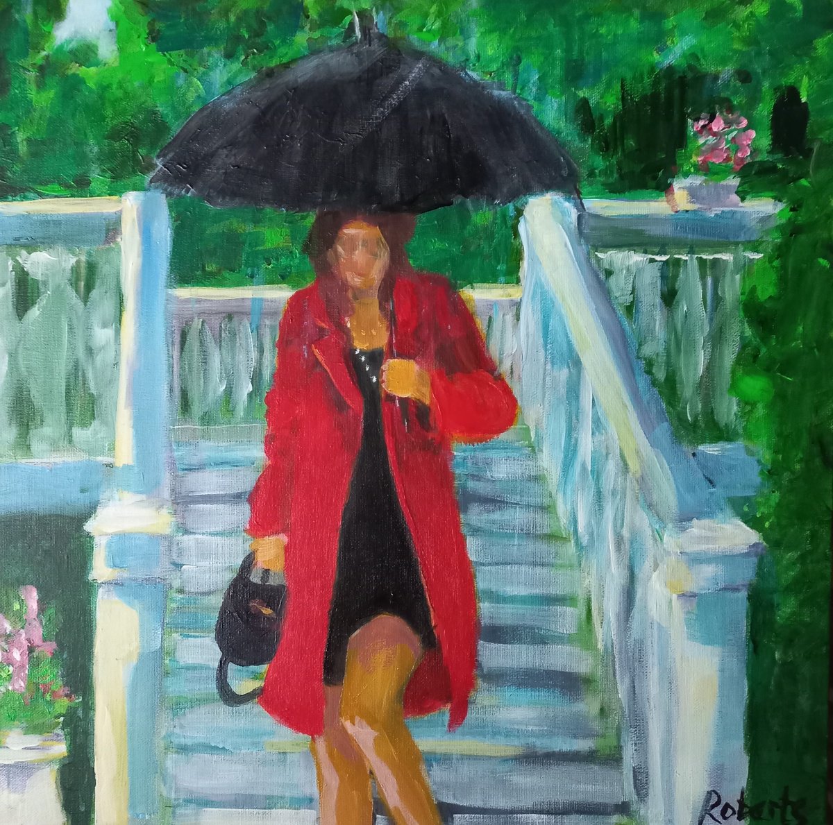 Expressive Portrait Acrylic Painting By Rosalind Roberts, 16 X 16", Lunch Date In The Rain, Original Artwork