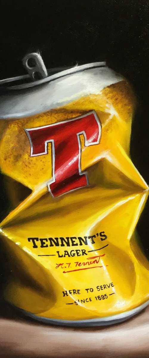 Crushed Tennents Lager still life by Jane Palmer Art