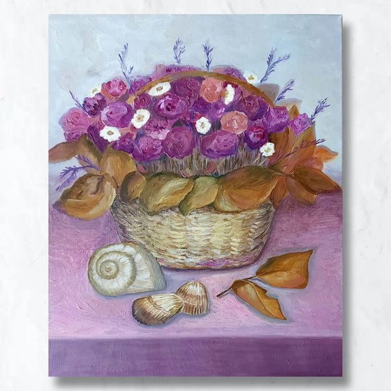 Roses, chamomile, lavender and shells. Pink still life.