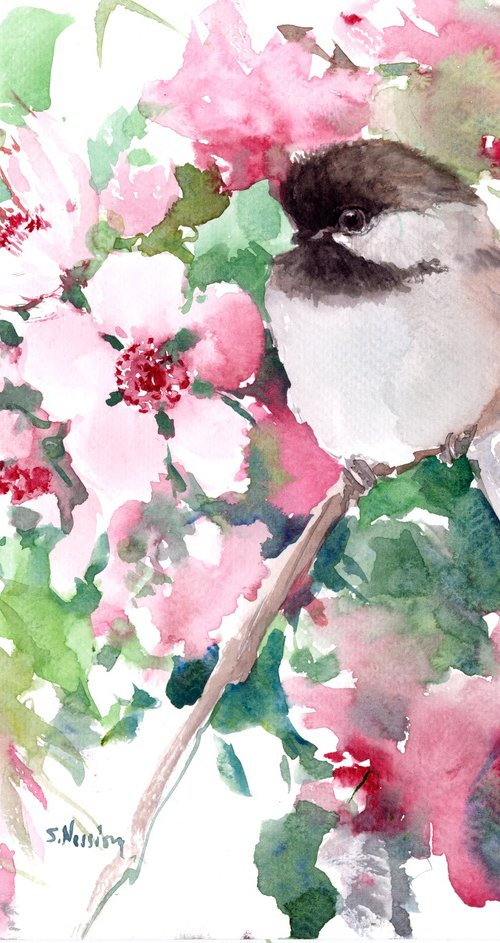 Chickadee and Spring Flowers by Suren Nersisyan
