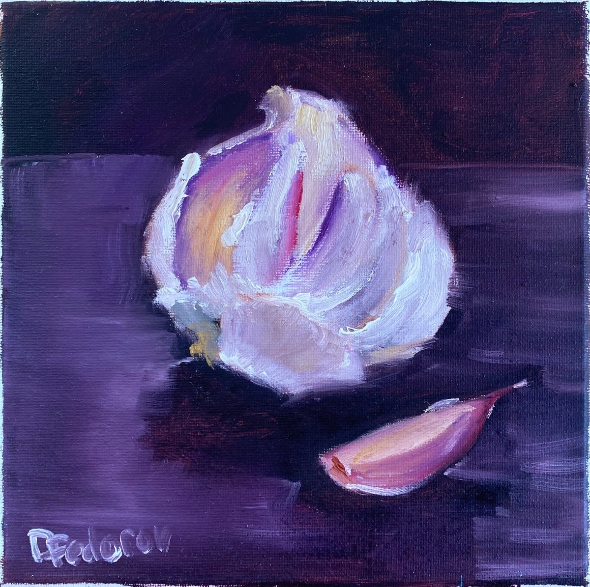 Still life with a head of garlic and a garlic clove Oil painting by