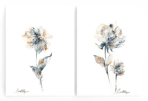 Peonies in muted blue and peach flowers watercolor painting 2 set