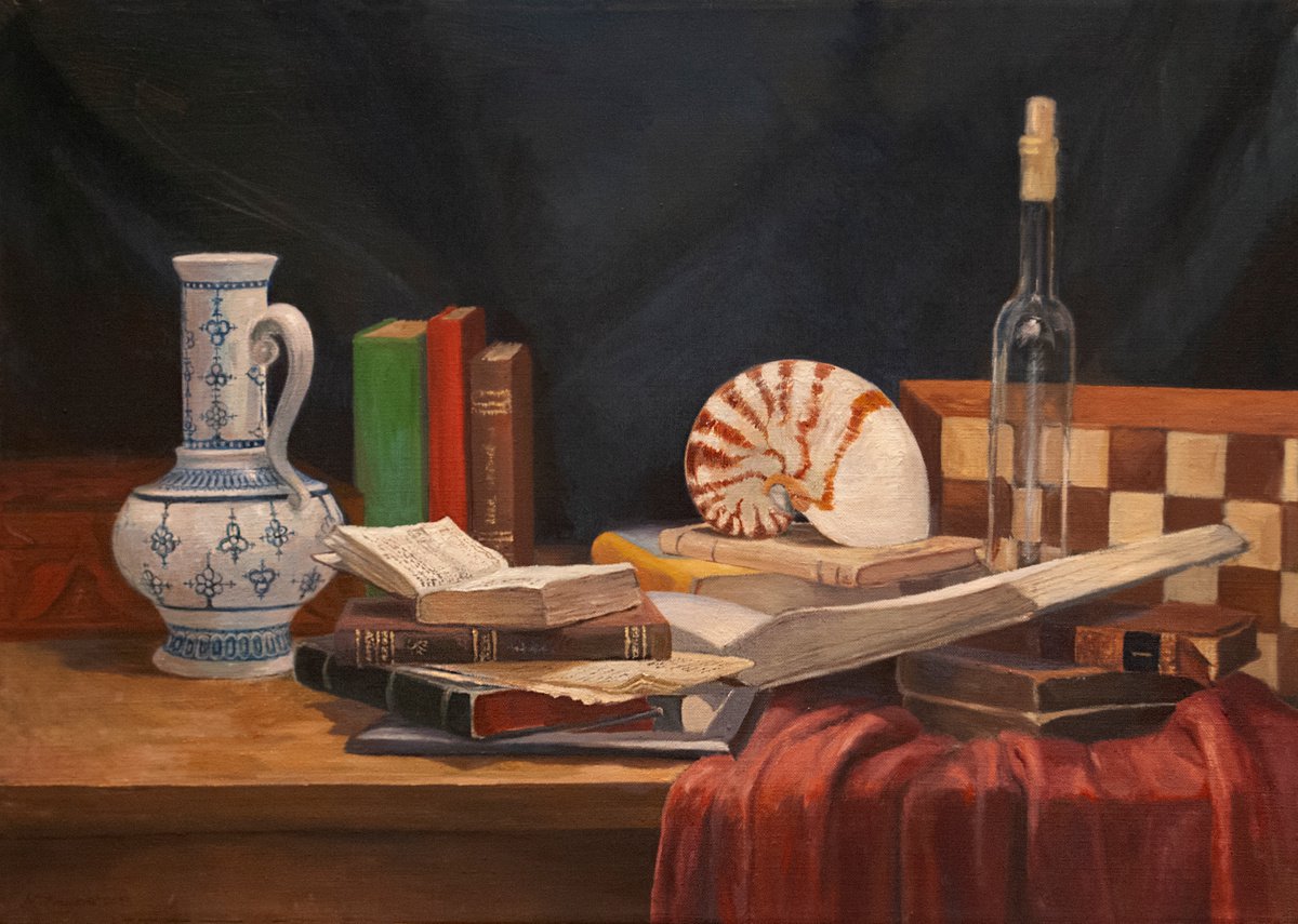 Photorealistic Still Life Oil Painting By Nikola Ivanovic, 28 X 20", Still Life With Books, Original Artwork