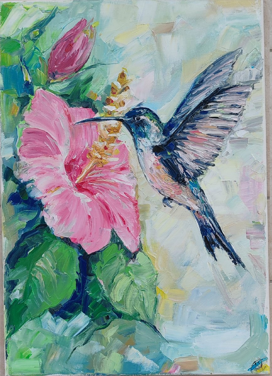 Impressionistic Animal Oil Painting By Alina Skorokhod, 14 X 20, Humming Bird Pinting Impasto, Original Artwork