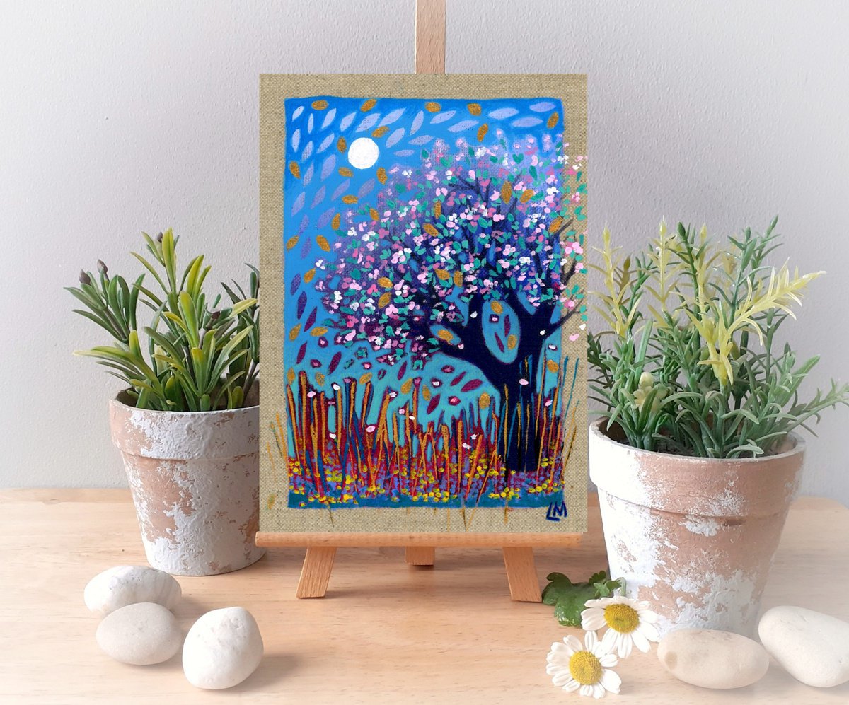 Spring Scene on Linen Panel with Gold by Lisa Mann