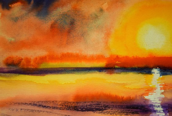 Sunset seascape original watercolor painting, coastal home decor