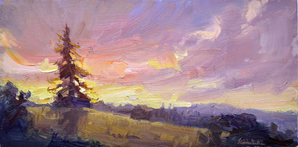 Impressionistic Landscape Oil Painting By Kristina Sellers, 12 X 6", Grand Finale, Original Artwork