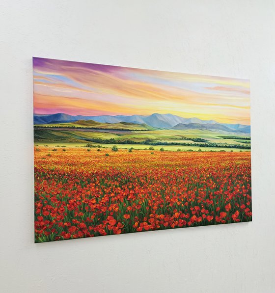 "Orange sunset", field of poppies landscape