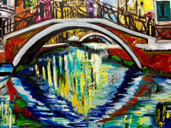 VENICE. Canal bridge. Oil original palette knife painting