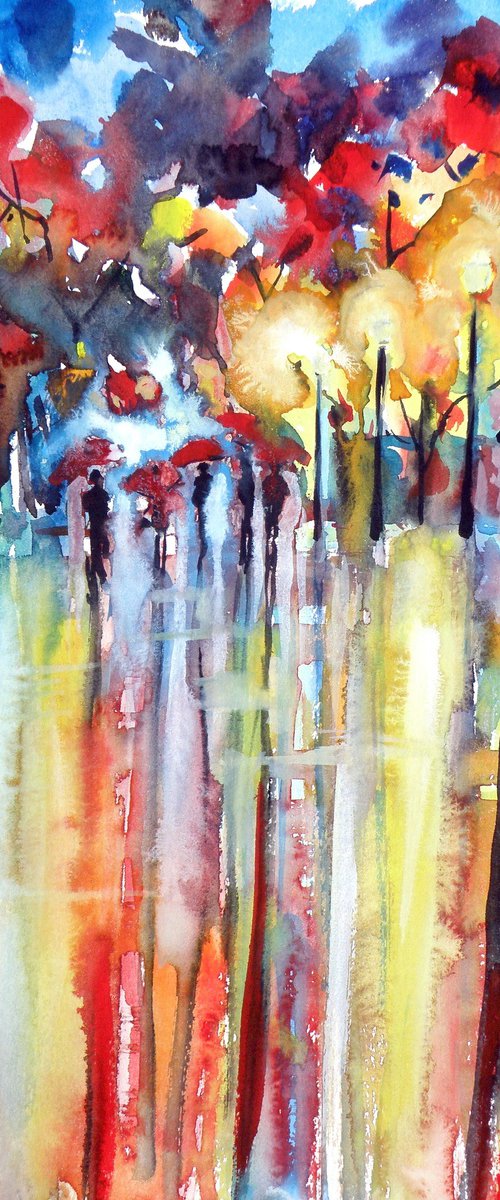 Red umbrellas at night by Kovács Anna Brigitta