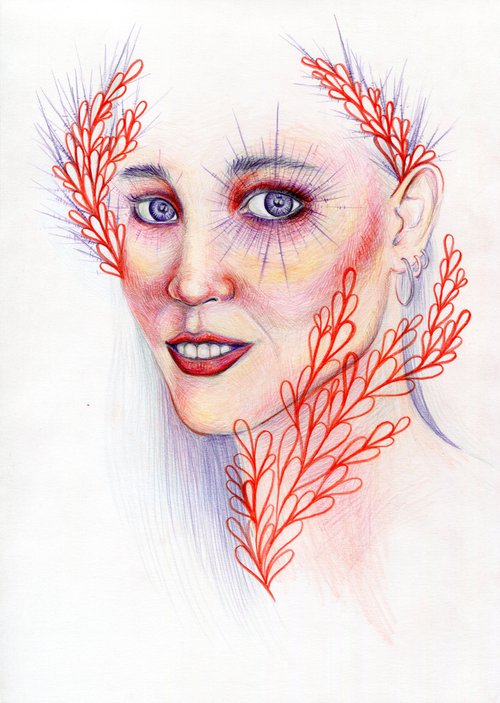 Colored pencils original colorful portrait of smiling woman by Liliya Rodnikova
