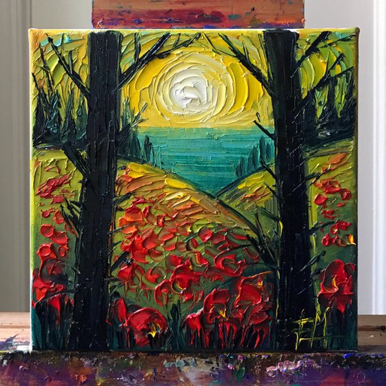 POPPY SUNSCAPE original textured impasto knife oil painting Mona Edulesco