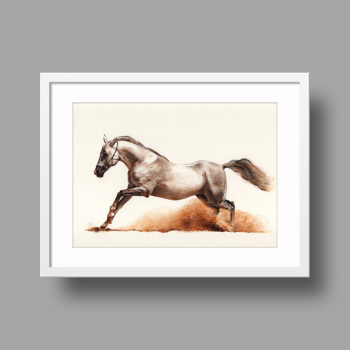 Photorealistic Animal Drawing By Daria Maier, 12 X 8, Running Horse, Original Artwork
