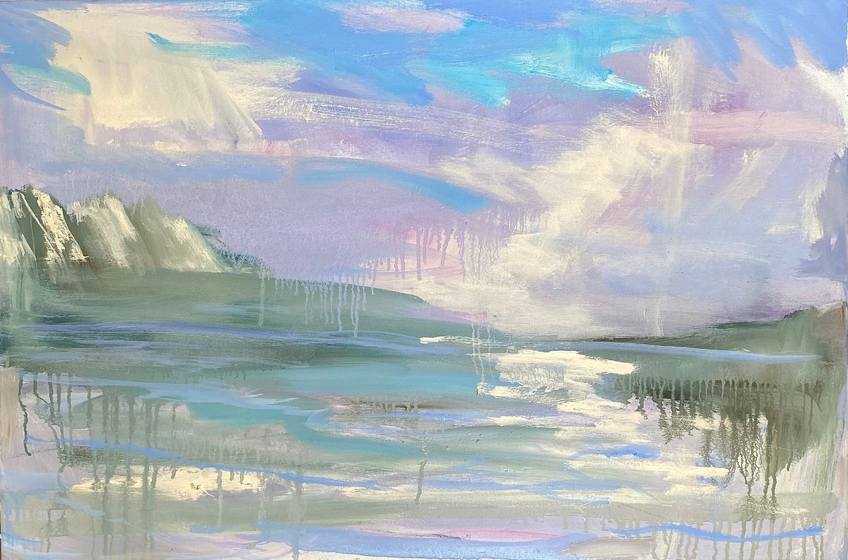 Abstract Landscape Oil Painting By Nikki Wheeler, 30 X 20", Cliffs And Reflections, Original Artwork