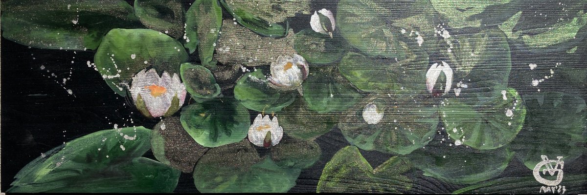 Impressionistic Botanical Painting By Valeria Golovenkina, 24 X 8", Silver Water Lilies, Original Artwork