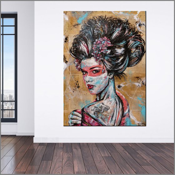 Cherry Euro Geisha 140cm x 100cm Geisha Book Page Urban Pop Art