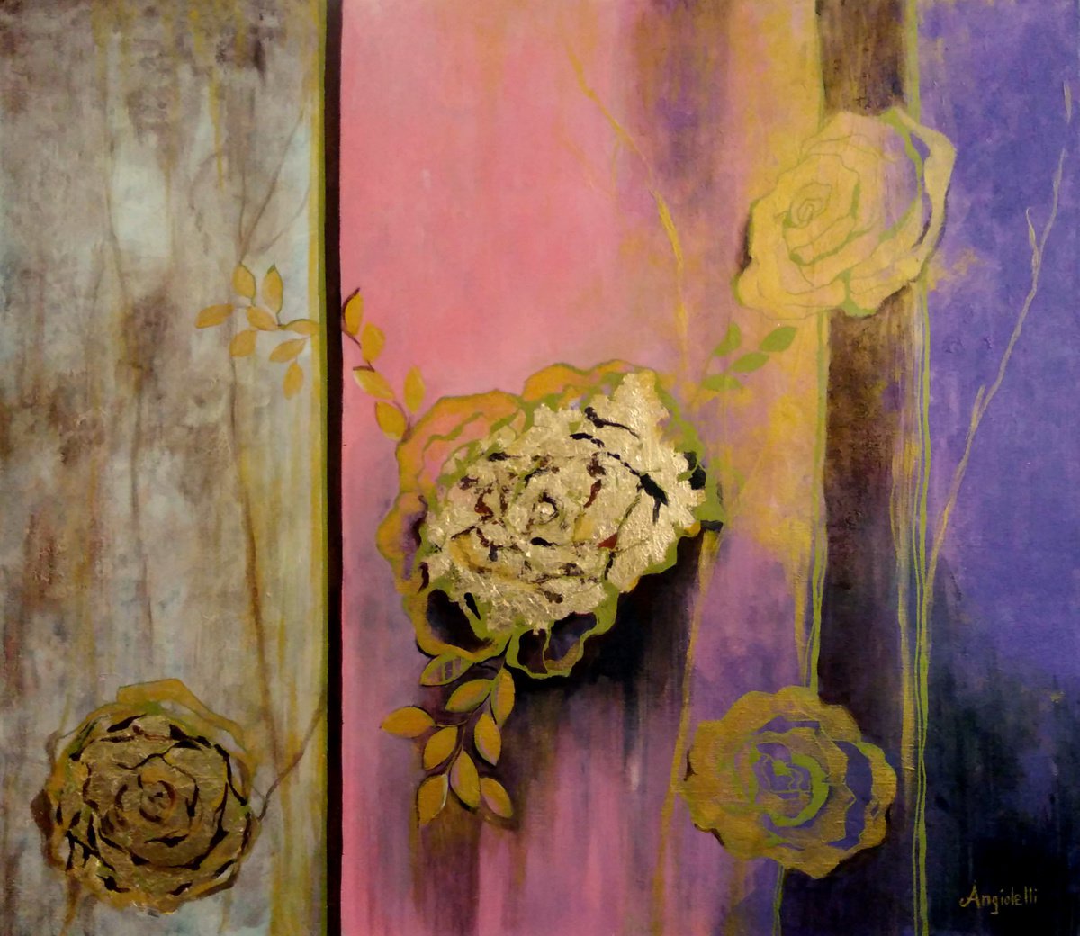 Abstract Painting By Anna Rita Angiolelli, 31 X 28, Golden Roses, Original Artwork