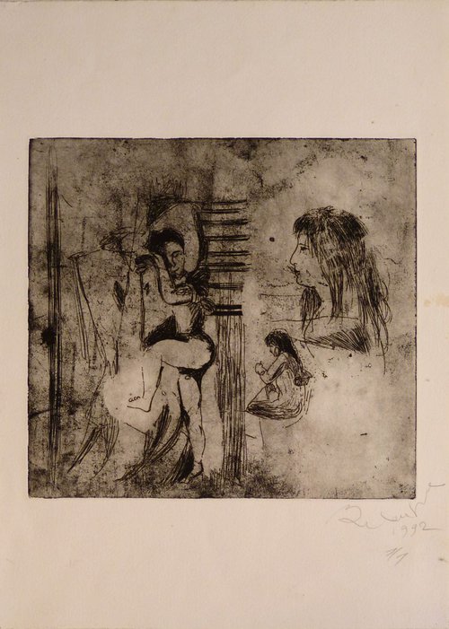 Surrealist sketch, engraving from copper plate 31x43 cm by Frederic Belaubre