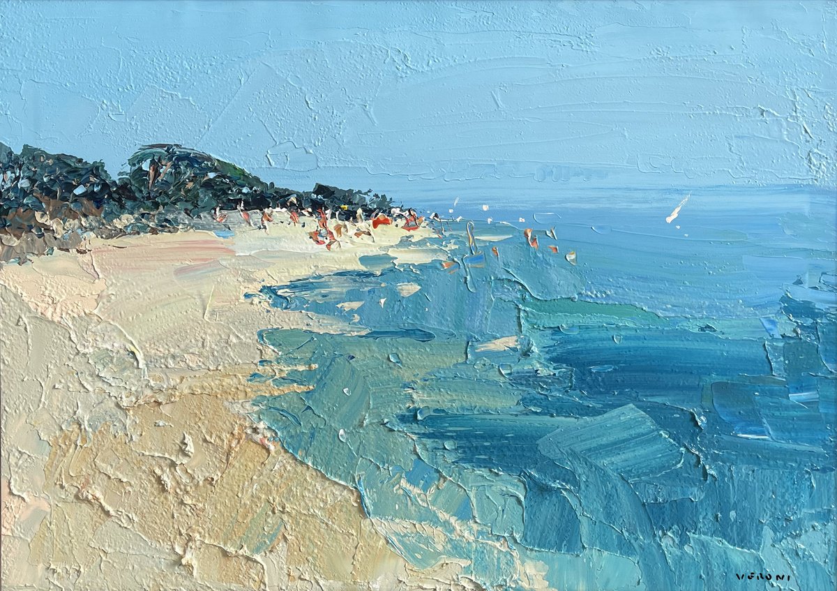 Expressive Landscape Oil Painting By Agostino Veroni, 27 X 20, Impressionist Beach Oil Painting On Canvas, Original Artwork