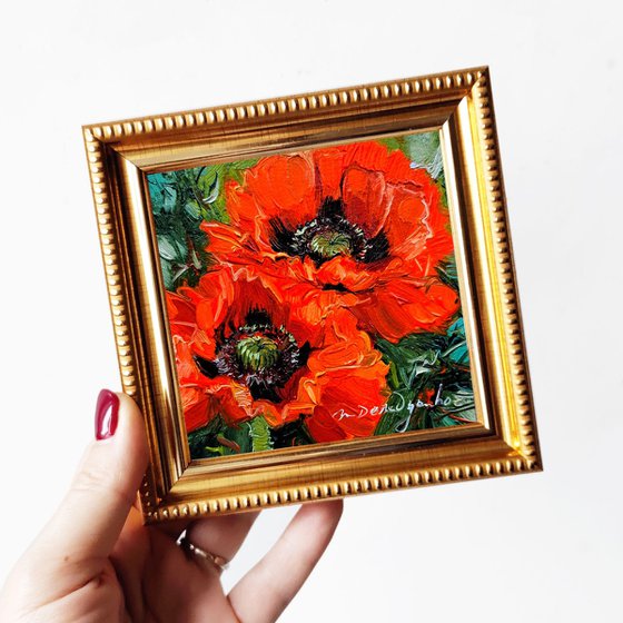 Poppy small painting original, Red flowers oil wall art 4x4 in frame