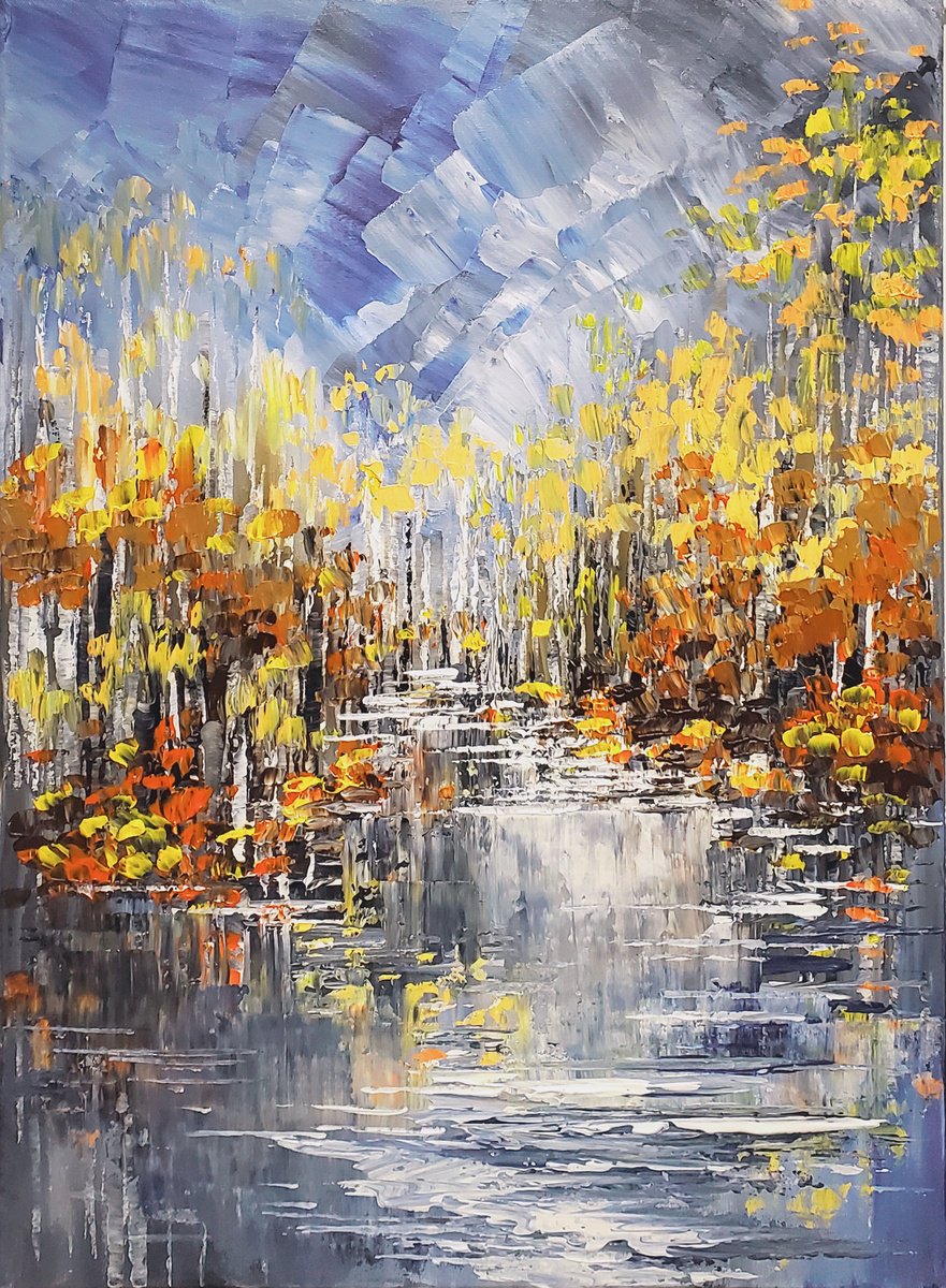 Impressionistic Landscape Acrylic Painting By Tatiana Iliina, 18 X 24", Melancholy Waters, Original Artwork