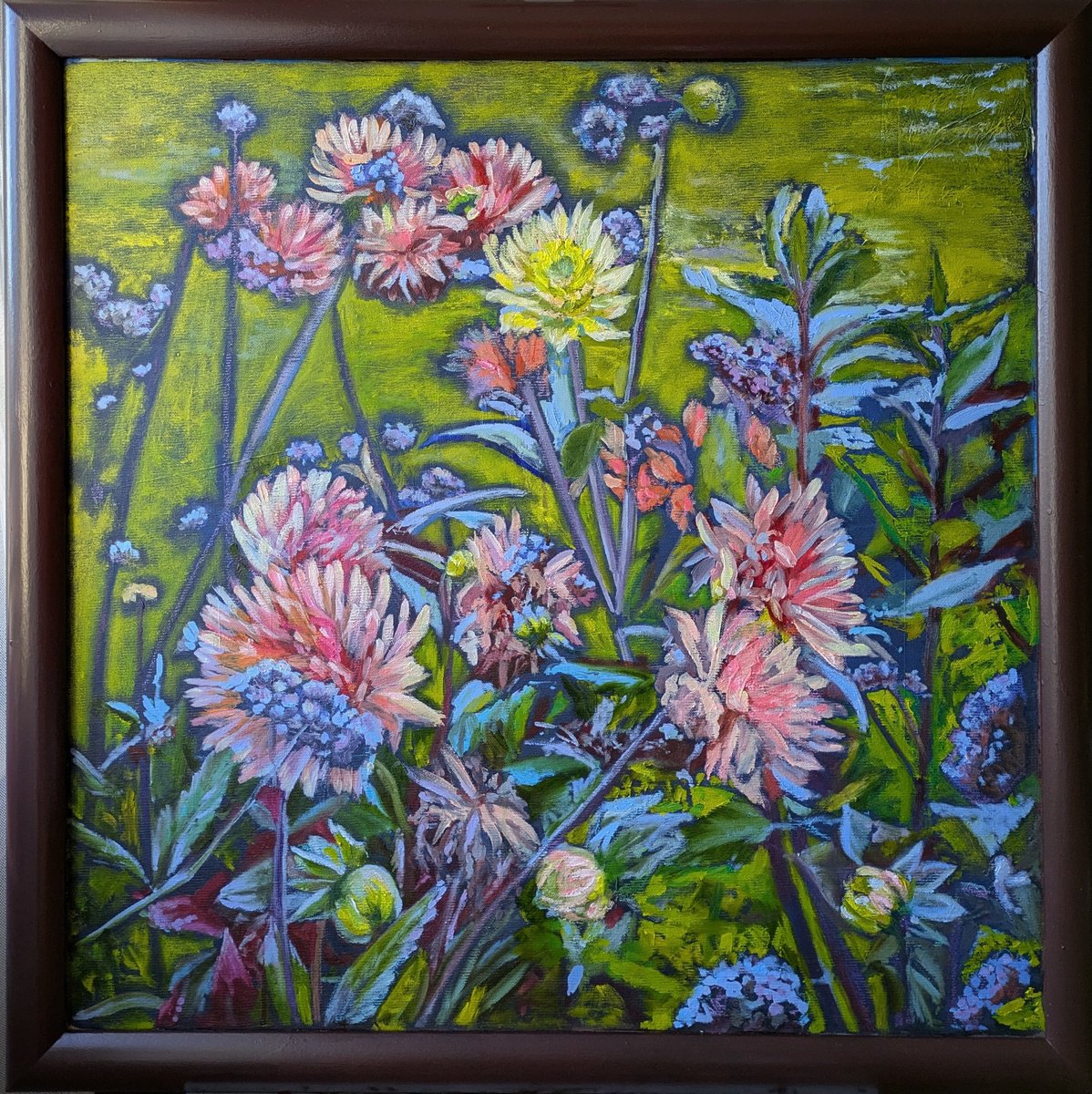 Expressive Landscape Oil Painting By Anna Brazhnikova, 34 X 34, Field Of Dahlias, Original Artwork