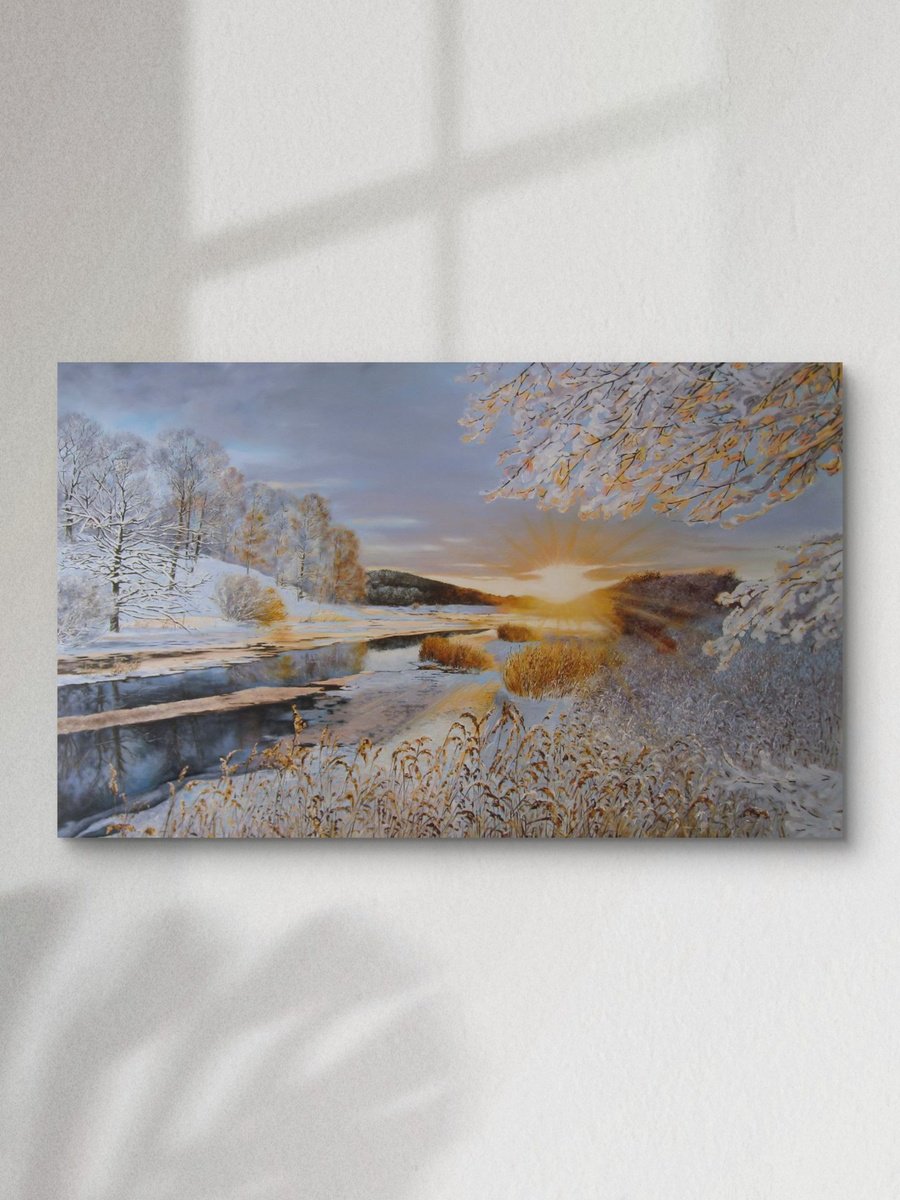 Impressionistic Landscape Oil Painting By Natalia Shaykina, 63 X 39", Winter River At Sunset Glow, Original Artwork