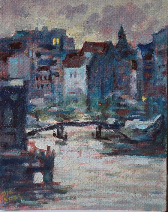 Original Oil Painting Wall Art Signed unframed Hand Made Jixiang Dong Canvas 25cm × 20cm Cityscape Evening in Amsterdam House Small Impressionism Impasto