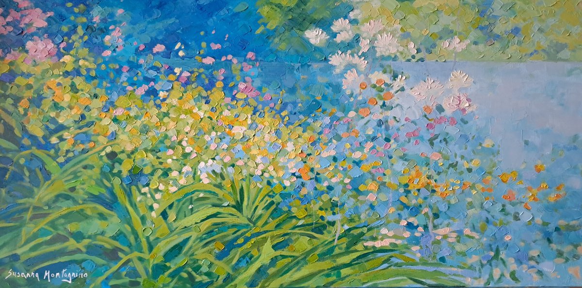 Impressionistic Landscape Oil Painting By Susanna Montagnino, 31 X 16", The Secret Of The Breeze, Original Artwork