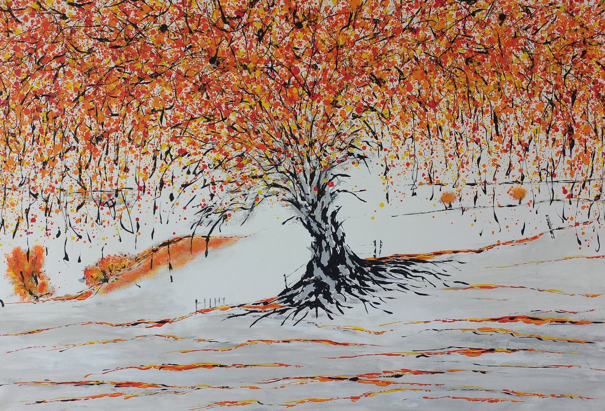 Abstract Botanical Acrylic Painting By Max Yaskin, 63 X 43", Autumn Tree 7 By M.y., Original Artwork