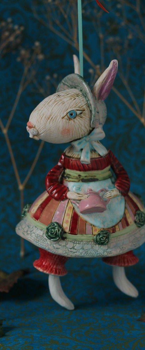 Rabbit mom, hanging sculpture, bell doll by Elya Yalonetski by Elya Yalonetski