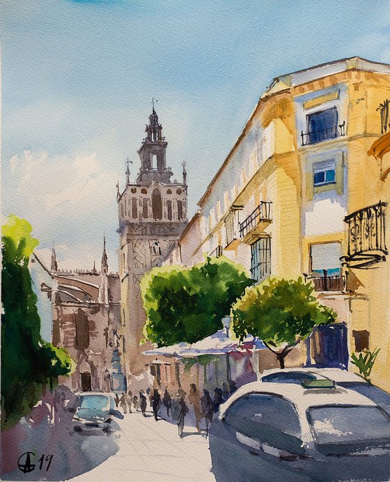 Seville. View of Giralda in sunny day. Original watercolor. Small bright city urban landscape view sun light