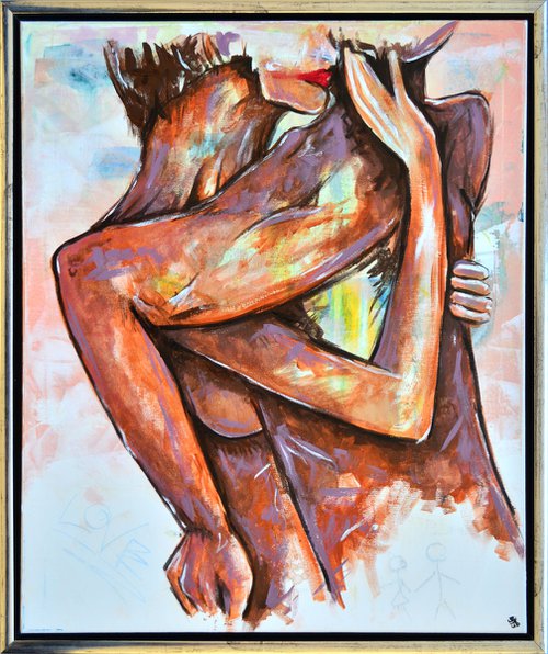 Lovers In The Wall - Original Modern Painting Art on Canvas with Floating Frame Ready To Hang by Jakub DK - JAKUB D KRZEWNIAK