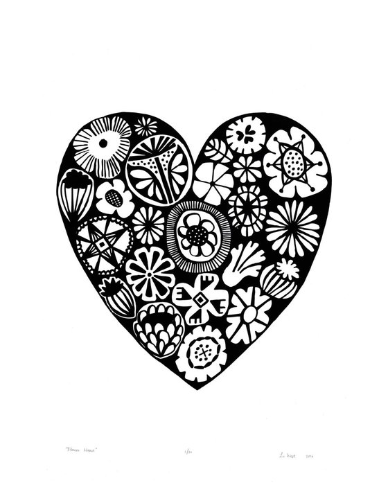 Flower Heart in Black - Unframed - FREE Worldwide Delivery