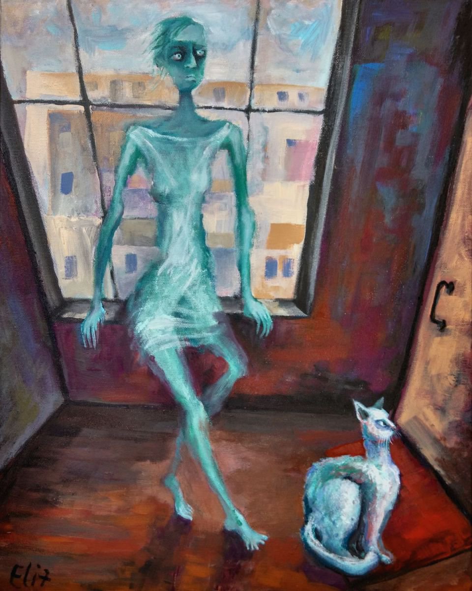 Expressive Portrait Acrylic Painting By Elisheva Nesis, 16 X 20, Early Morning Ringing, Original Artwork