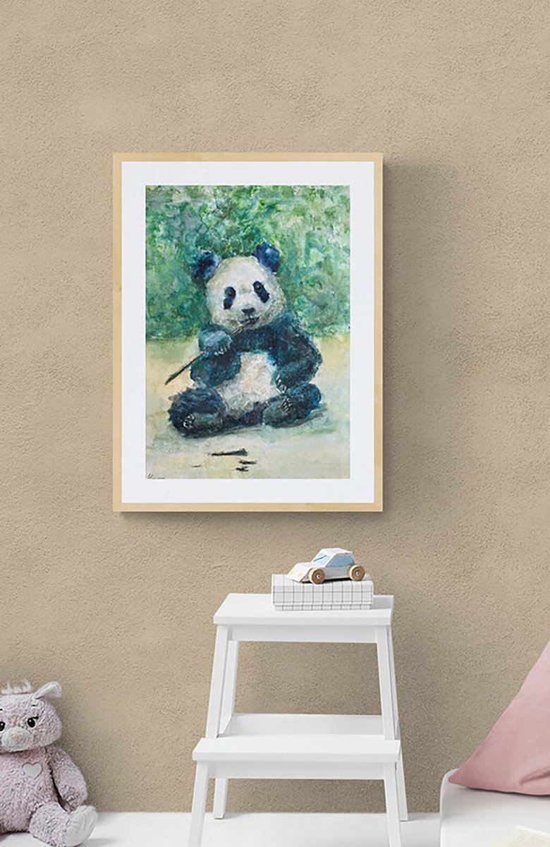 CUTE PANDA - Pastel and watercolor drawing on paper, original gift, home interior, green c... by Tatsiana Ilyina