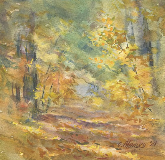 Golden autumn. Forest road / Watercolor art work Plain air painting Small size landscape. Original picture