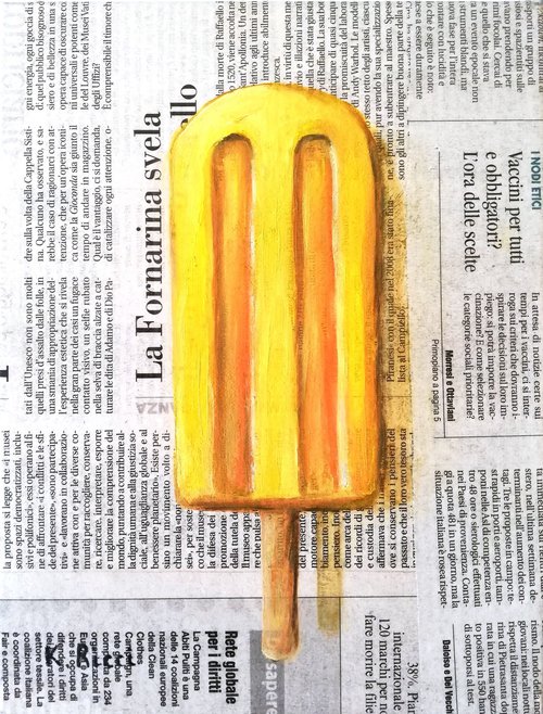 "Popsicle Ice Cream on Newspaper " Original Oil on Canvas Board Painting 7 by 10 inches (18x24 cm) by Katia Ricci
