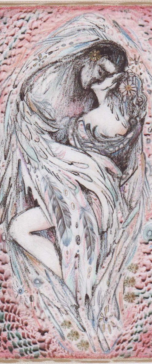 Angels Embrace limited edition print of two angel lovers kissing embracing romatic art digital giclee print by Liza Paizis